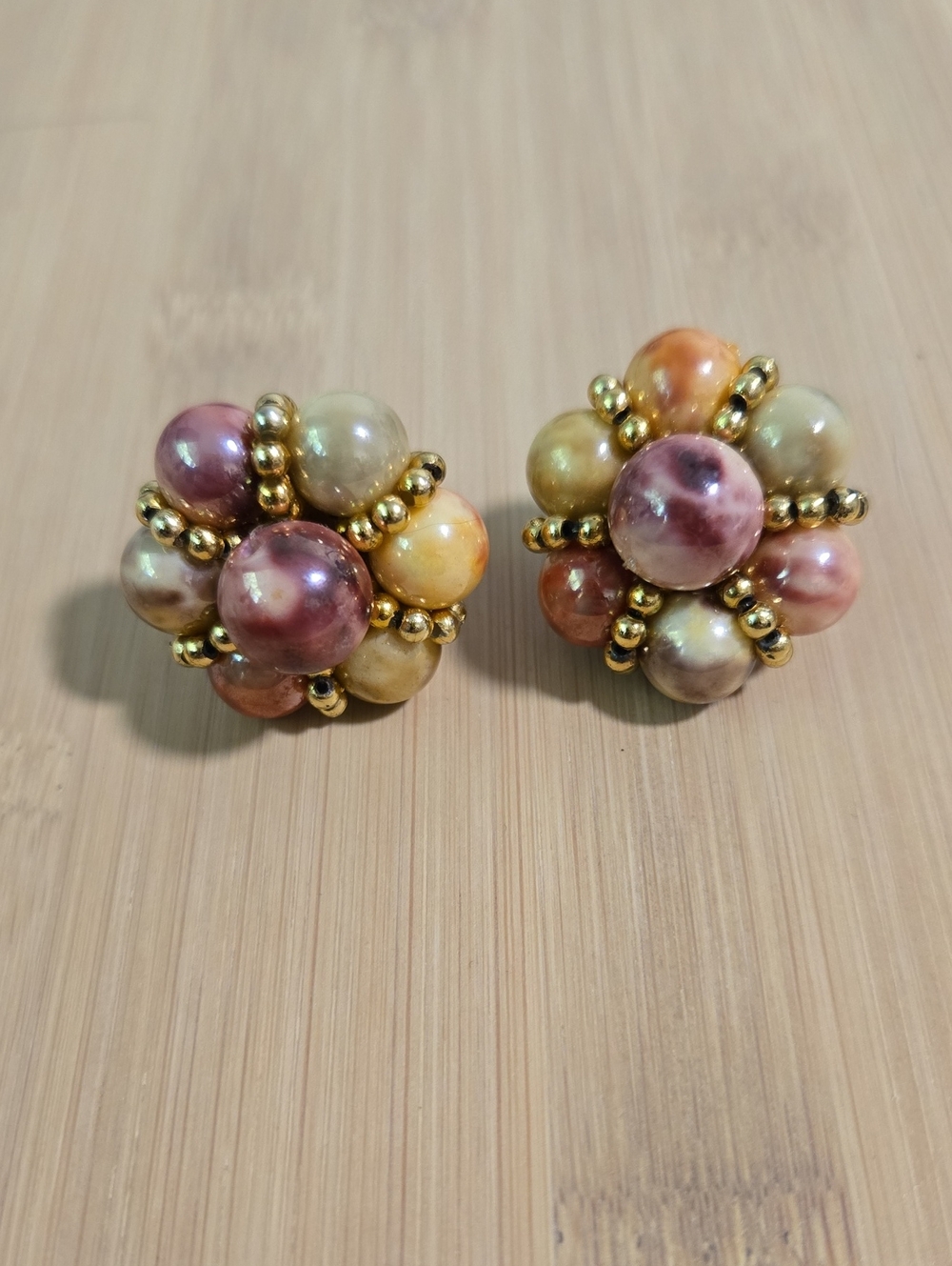 Multicolor Beaded Cluster Clip-On Vintage  Earrings